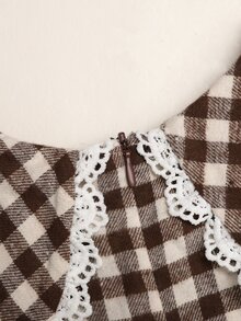 Tween女孩長袖格紋收腰蝴蝶結誇張領長洋裝 秋冬款 - 卡其色 - 查看 6