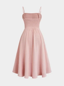 Sweetra Plus Size Women Solid Color Spaghetti Strap Dress And Long Sleeve Cardigan Set - Baby Pink - View 4