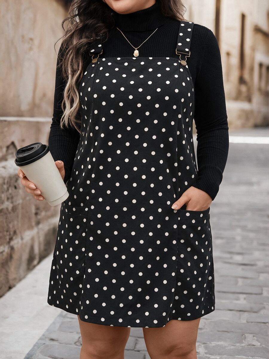 SHEIN LUNE Plus Size Casual Mini Dress With Wide Straps, Button Decor And Pockets, - Black and White - View 1
