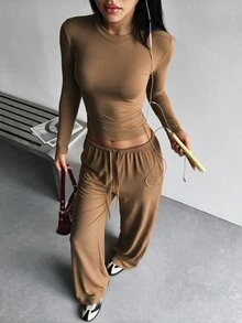 Dewbera Dewbera 2pcs Women's Dark Brown Seamless Knit Set - Coffee Brown - View 4