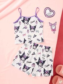 HELLO KITTY AND FRIENDS | SHEIN Tween Girls Cartoon Print Spaghetti Strap Top & Shorts Loungewear Set - White - View 2