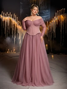 Glamrae Plus Size Elegant Fashionable Lotus Pink Knitted Mesh Patchwork Off-Shoulder Corset Style 2 In 1 A-Line Maxi Dress, Suitable For Prom, Wedding, Bridesmaid, Formal Evening Gown - Dusty Pink - View 3