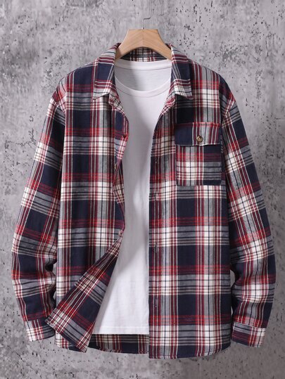 Vacaura Teen Fashion Casual Minimalist Lapel Collar Single-Breasted Design Simple Clean Chest Pocket Practical Retro Contrast Plaid Overcoat Loose Fit Comfortable Versatile Suitable For Autumn, Spring, Winter, Daily Wear, Commuting, Outdoor Activities, Sports, School, Streetwear, Parties And Photo Shoots