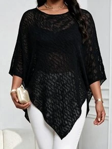 SHEIN Lady CURVE Plus Size Women's Round Neck Asymmetrical Hem Loose Knit Pullover Sweater Fall - Black - View 1