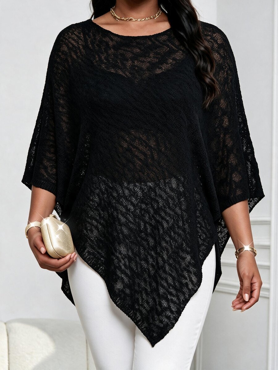 SHEIN Lady CURVE Plus Size Women's Round Neck Asymmetrical Hem Loose Knit Pullover Sweater Fall - Black - View 1