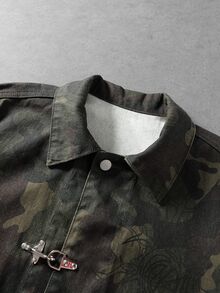 ROMWE MEN Men's Camouflage Pattern Metal Buckle Long Sleeve Denim Jacket - Multicolor - View 3