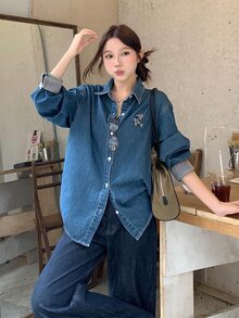 DAZY Women's Casual Striped Cuff Patchwork Cartoon Embroidered Denim Top - Blue - View 7