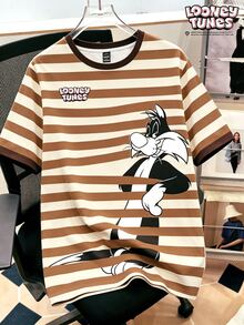 LOONEY TUNES X SHEIN Daypath 男士趣味條紋印花T恤 - 棕色 - 查看 1
