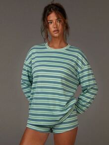 Athîral Women's Striped Pattern Round Neck Long Sleeve Top And Shorts Two Pieces Set - Green - View 5