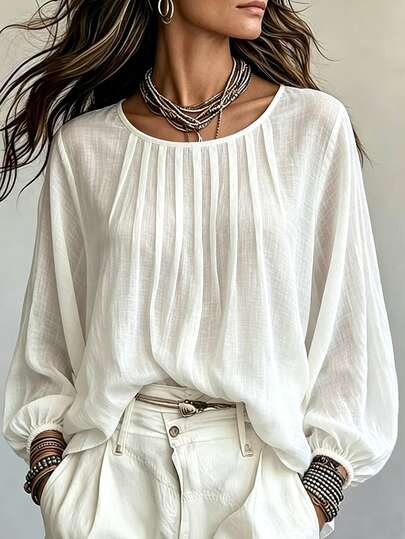 SHEIN Holidaya Áo dài tay nữ cổ tròn màu trơn dệt vân linen, tay bo chun, dáng rộng thoải mái, phù hợp mùa xuân hè thu, đi hẹn hò, mặc hằng ngày, tụ họp, dã ngoại, đi làm, streetwear và mặc nhà, trang phục mùa tốt nghiệp, thời trang casual công sở, đồ văn phòng doanh nghiệp, đồ mặc thường ngày, phong cách giáo viên thành thị chuyên nghiệp