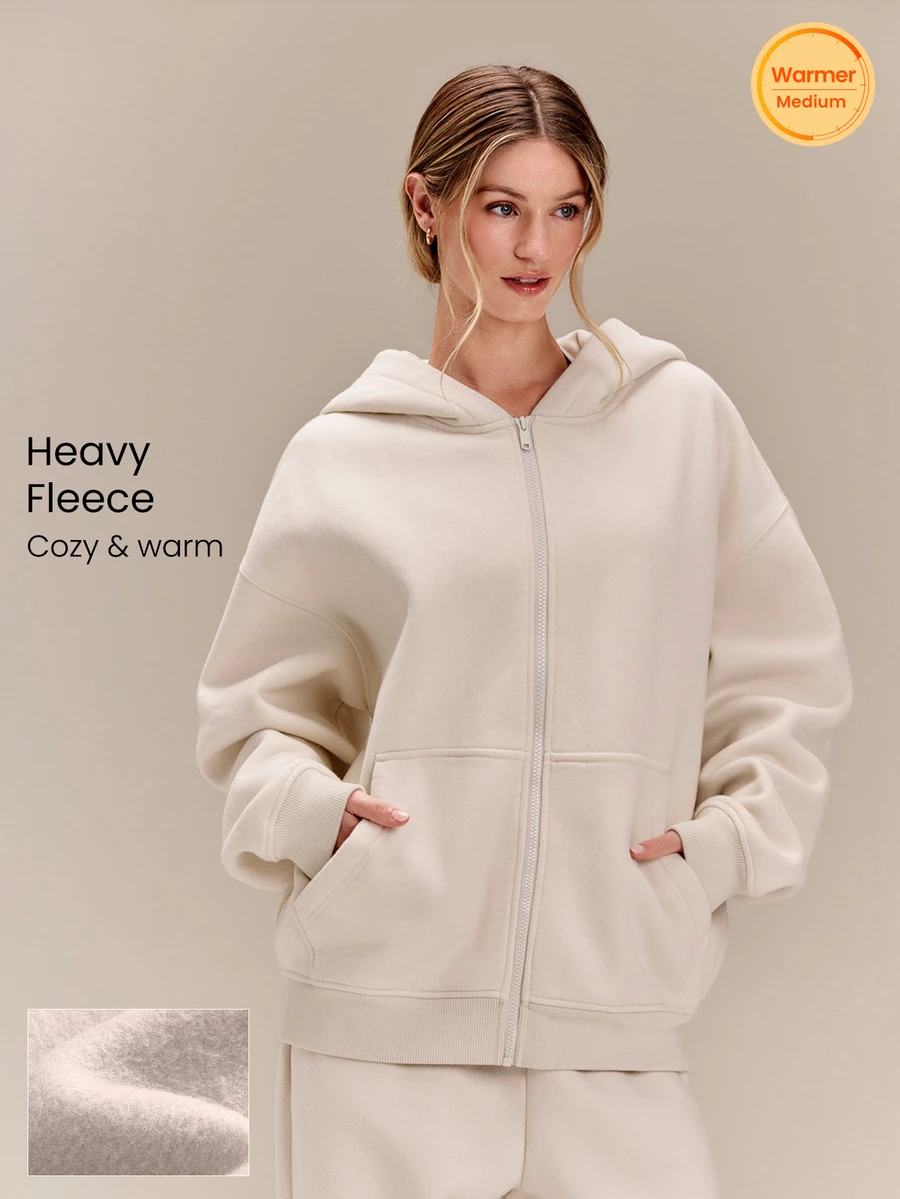 GLOWMODE 加厚抓絨寬鬆連帽外套 側口袋 保暖加厚冬季保暖夾克 - Pearl White - 查看 1