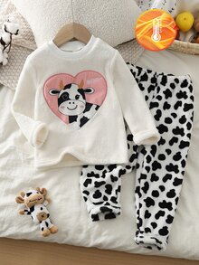 女童幼兒牛刺繡奶油白毛絨睡衣套裝，牛花紋毛絨長褲套頭睡衣家居服 - 彩色 - 查看 5