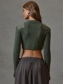 MUSERA Áo len croptop gân màu xanh lá có chi tiết miếng đắp vai, phong cách thường ngày casual cho mùa thu đông, đi học - màu xanh lá - Xem 5