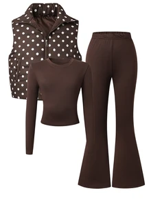 SHEIN Genkimix Kids 3Pcs/Set Tween Girls Casual Quilted Vest & Long Sleeve Slim Fit T-Shirt & V-Waist Pants Set - Brown - View 5