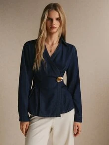 Poéselle Women's Long Sleeve Overlap Design Cinched Waist Loose Hem Denim Top - Dark Wash - View 3