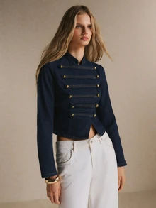 Poéselle Women's Cropped Stand Collar Denim Jacket With Gold Button Braid Detail, Military Inspired - Dark Wash - View 3