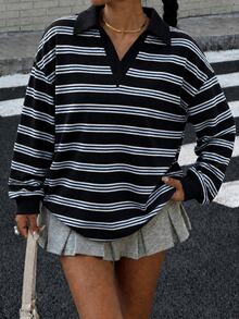 Muchica 女款 Polo 領長袖寬鬆休閒衛衣，厚實面料，適合秋冬穿著 - 黑色 - 查看 7