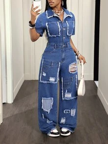 SHEIN Tall Women's Short Sleeve Raw Edge Single-Breasted Distressed Wide Leg Denim Jumpsuit - White - View 5