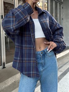 Breezaya 女款格紋落肩長袖單排扣休閒寬鬆襯衫 - 藏蓝色 - 查看 5
