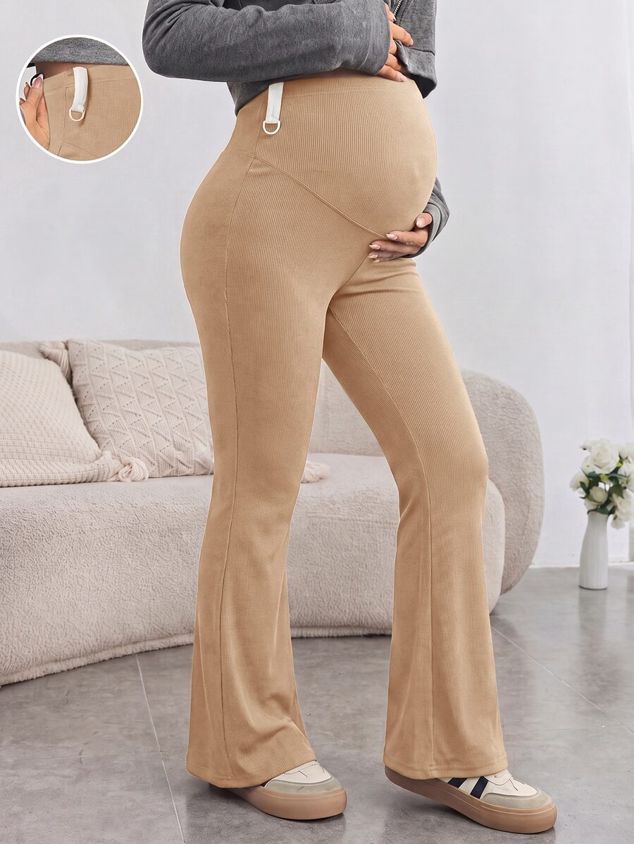 SHEIN Maternity Solid Color Adjustable Waist Casual Flare Pants Fall - Khaki - View 1