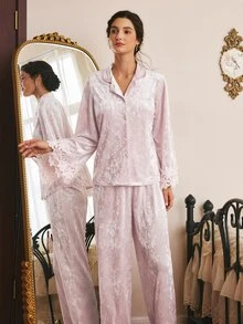 Côtesoire 女款長袖對比蕾絲袖口單排扣上衣與長褲優雅睡衣套裝 - 粉色 - 查看 1