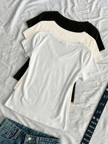 SHEIN EZwear 3件組女款夏季V領修身T恤，龐克次文化動漫純色基本款V領短袖修身T恤 - 彩色 - 查看 2