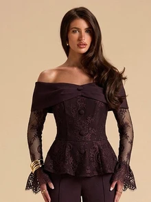 SHEIN BAE Women's Off-Shoulder Lace Bell Sleeve Top And Flared Pants Elegant Suit Set - Brown - View 4