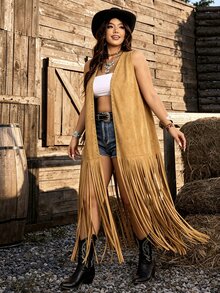 Ceyna Plus Size Beaded Tassel Sleeveless Jacket - Brown - View 5