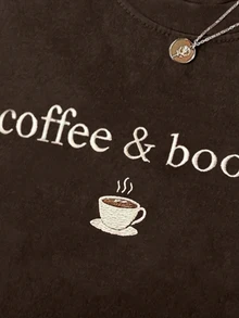 INAWLY Fashion Casual Crew Neck Embroidered With Coffee & Books, Real Embroidery Women's T-Shirt - Brown - View 6