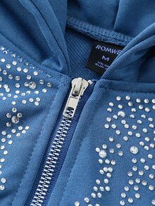 ROMWE MEN Street Life Men's Rhinestone Casual Versatile Daily Wear Hoodie - Blue - View 4