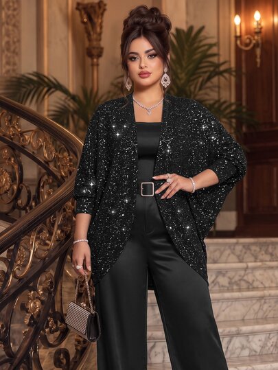Roveilla Plus Size Niche Design Starry Sequin Loose Cardigan With Plus Size Batwing Sleeves, Arm-Covering Slimming Long Sleeve Outerwear, Street Night Scene Vibe, Versatile For Commute And Party