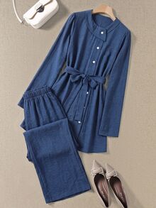 Rusticease Women's 2pcs Set Single-Breasted Belt Long Sleeve Top & Solid Color Pants - Navy Blue - View 3