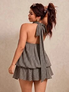 Elaquor Plus Size Women's Plaid Fashion Halter Neck Dress With Ruffle Hem - Black - View 1
