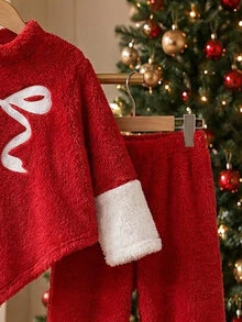 SHEIN Elladie kids 秋季女童不對稱套頭高領袖口拼接長袖T恤上衣 微喇長褲下擺拼接設計 白色 7歲生日 - 紅色 - 查看 6