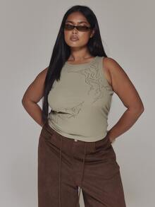 MUSERA Green Ribbed Embellished Detail Racer Top Casual Cool Basic Fall Winter Autumn - Green - View 2