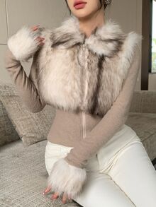 DAZY Autumn/Winter Beige Camel Faux Fur Patchwork Slim Fit Cinched Waist Sweet Date Wedding Party Women's Jacket - Khaki - View 3