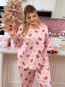 Slumberry CURVE طقم بيجامة نسائي مقاس كبير بطبعة رجل الزنجبيل وحلوى عيد الميلاد، محبوك بياقة دائرية وأكمام طويلة وبنطال - متعدد الألوان - مشاهدة 5