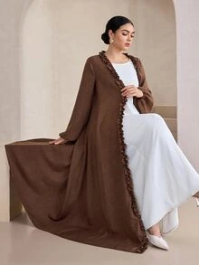 Graceveil Women's Arabic Abaya Elegant Casual Lantern Sleeve Ruffled Collar Front Opening Long Robe, Brown, Spring/Autumn Clothing - Brown - View 1