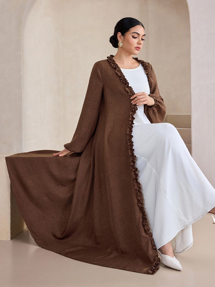 Graceveil Women's Arabic Abaya Elegant Casual Lantern Sleeve Ruffled Collar Front Opening Long Robe, Brown, Spring/Autumn Clothing - Brown - View 1