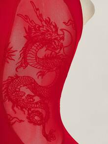 SHEIN ICON 女款後背拼接中國龍網紗背心連身褲 - 紅色 - 查看 7