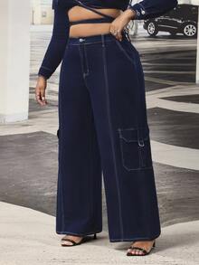 Slaydiva Plus Size Women's Pocket Button Stretch Denim Straight Leg Pants - Dark Wash - View 7