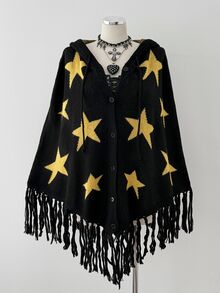 Sunspun Plus Size Fashion Star Pattern Button Front Cardigan Shawl - Black - View 6
