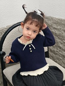 DAZY Infant/Toddler (Girl) Round Neck Contrast Color Bow Long Sleeve Autumn/Winter Sweater - Grey - View 4