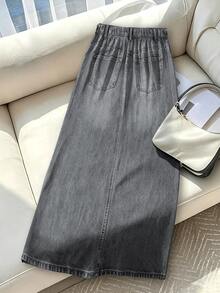 GlowEve CURVE Plus Size Women's Casual Vintage Denim Effect A-Line Long Skirt, Versatile Street Style, Fashionable Long Skirt For Daily Wear, Suitable For Spring, Summer, Autumn, Winter - Grey - View 2