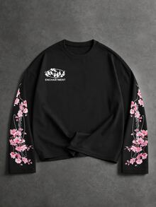 Sport MetroGents Kaos Olahraga Pria Lengan Panjang Kerah Bulat Motif Bunga & Huruf - Hitam - View 3