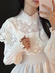 DAZY Women's Lace Patchwork Pleated Casual Daily Wear Blouse - White - View 3