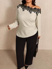 Elaquor Plus Size Women Lace Patchwork Elegant Slim Fit Blouse - Apricot - View 7