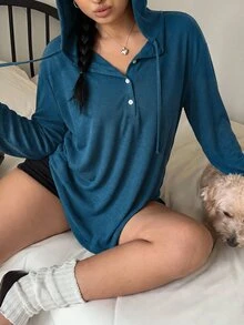 Vibekara 休閒優雅極簡學院風連帽寬鬆顯瘦套頭打底 T-shirt，大尺碼女款秋冬季 - 寶藍色 - 查看 3