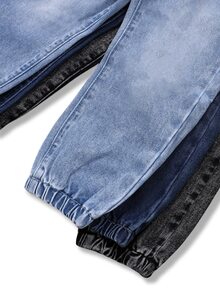 3pcs/Set Tween Boys Black Grey, Dark Blue, Light Blue Multi-Color Casual Sports Pants, Comfortable Elastic Waist Denim Fabric Pants With Drawstring Design, Suitable For School Daily Wear - Multicolor - View 5