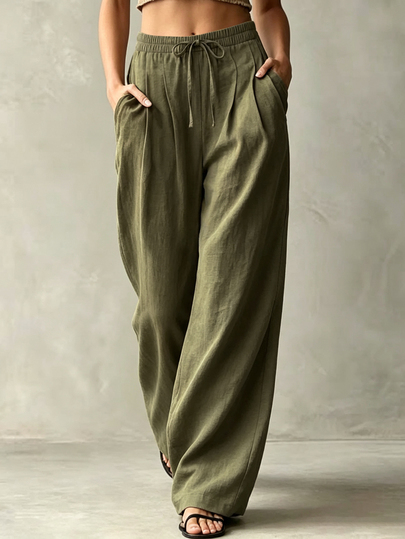 Glimmora Quần dài nữ ống rộng thắt eo màu xanh quân đội vải giả linen, cạp cao xếp ly dáng suông rủ phong cách casual dài chạm sàn